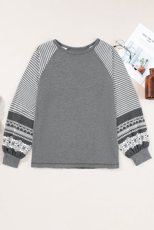 Contrast Print Striped Raglan Crew Neck Loose Long Sleeve Top